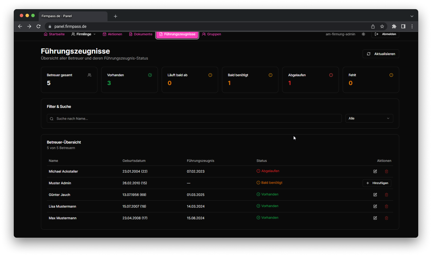 Screenshot: Führungszeugnisse-Übersicht im Dashboard
